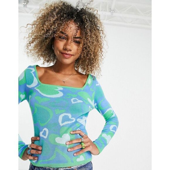 Asos Square Neck Sweater Women's 14 Blue Bold Heart Print Knit Pullover Top - Picture 2 of 13